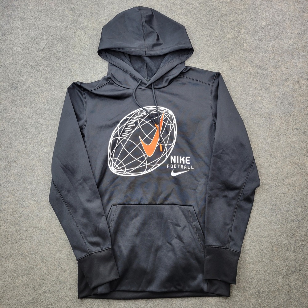 Nike Hoodie Mens‎ Small Black Orange Football Dri-FIT Swoosh Graphic Sweatshirt